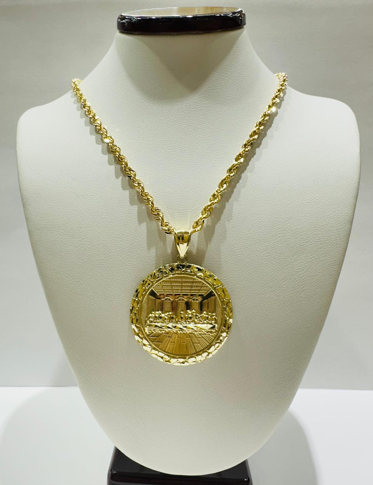 10K GOLD ROUND LAST SUPPER CHAIN AND PENDANT SET  24"  WEIGHT: 13.4gm