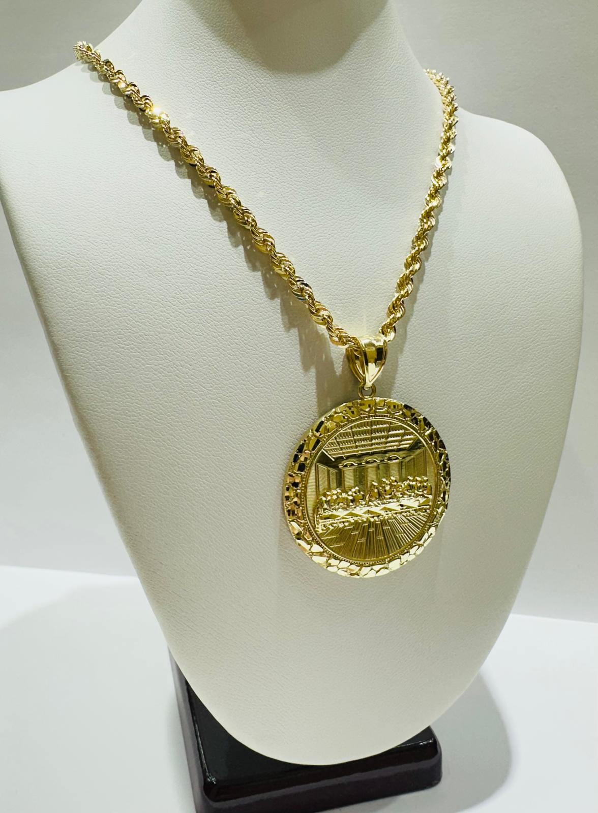 10K GOLD ROUND LAST SUPPER CHAIN AND PENDANT SET  24"  WEIGHT: 13.4gm