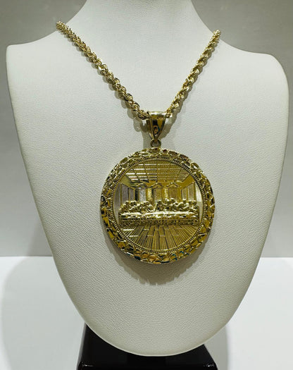 10K GOLD ROUND LAST SUPPER CHAIN AND PENDANT SET-  24"  WEIGHT: 17.3gm