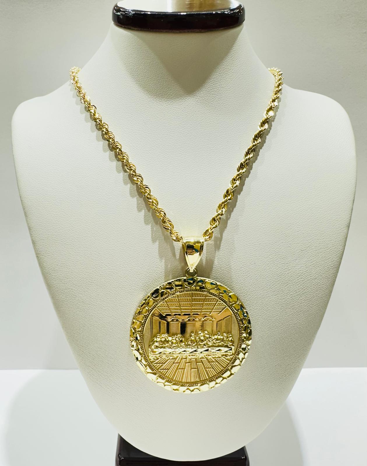 10K GOLD ROUND LAST SUPPER CHAIN AND PENDANT SET-  24"  WEIGHT: 17.3gm