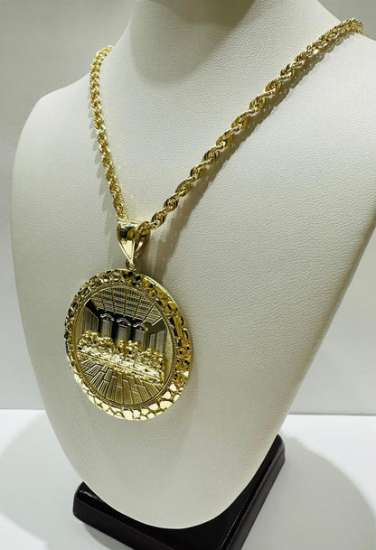 10K GOLD ROUND LAST SUPPER CHAIN AND PENDANT SET-  24"  WEIGHT: 17.3gm