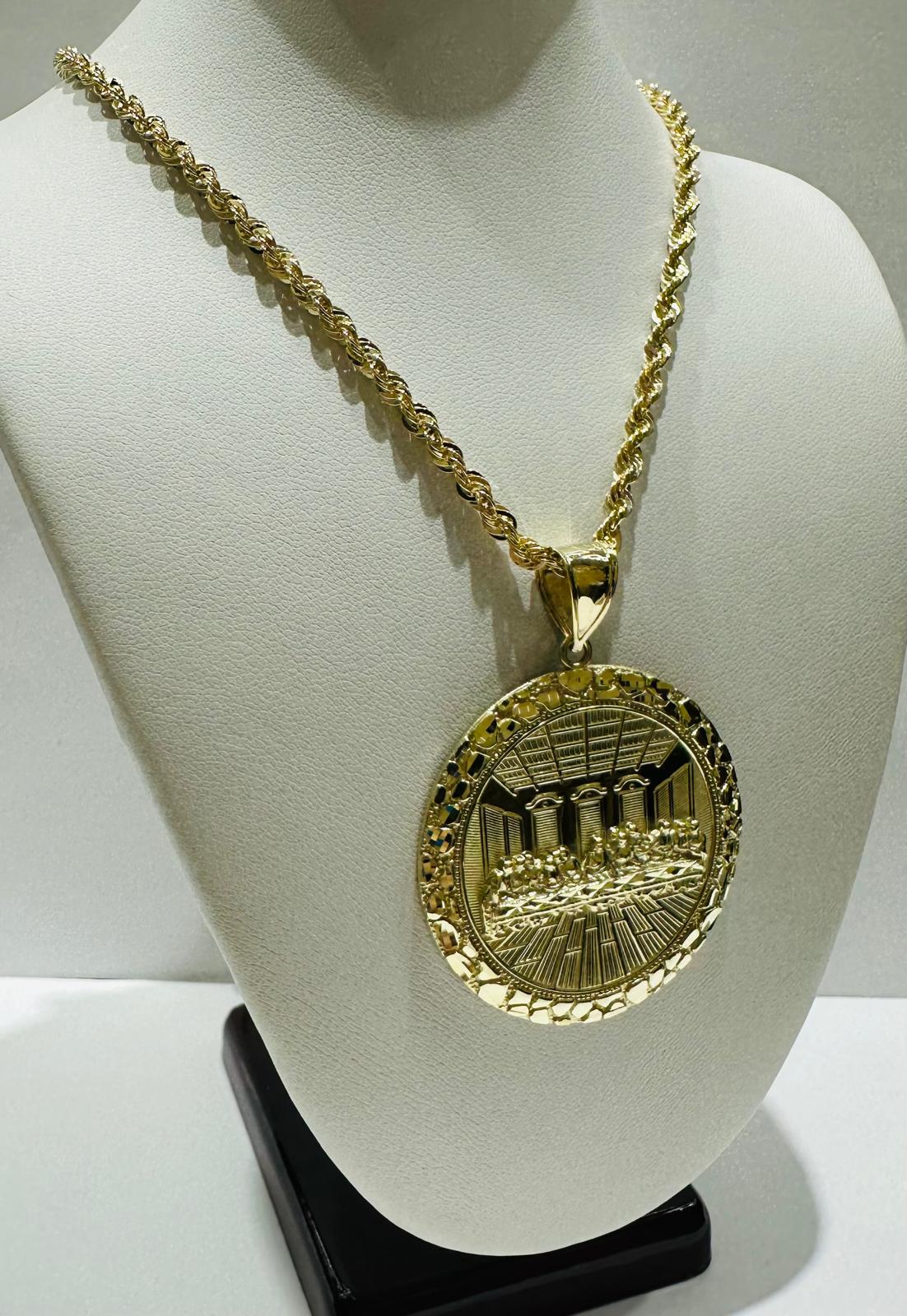 10K GOLD ROUND LAST SUPPER CHAIN AND PENDANT SET-  24"  WEIGHT: 17.3gm