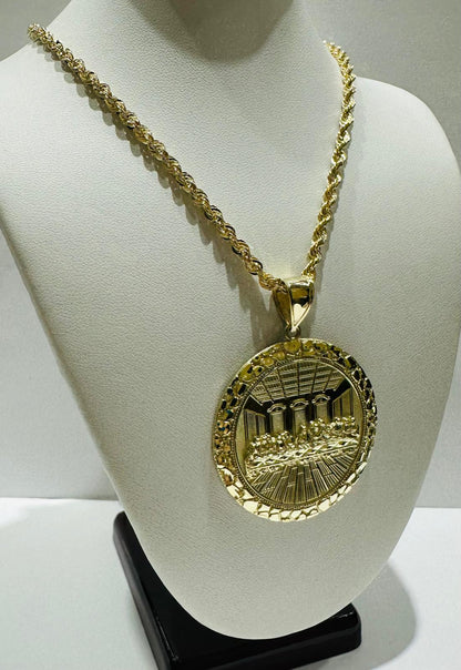 10K GOLD ROUND LAST SUPPER CHAIN AND PENDANT SET-  24"  WEIGHT: 17.3gm