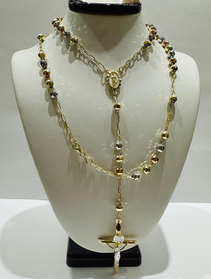 10K GOLD TRI COLOR CROSS ROSARY NECKLACE- WEIGHT:  15.0gm
