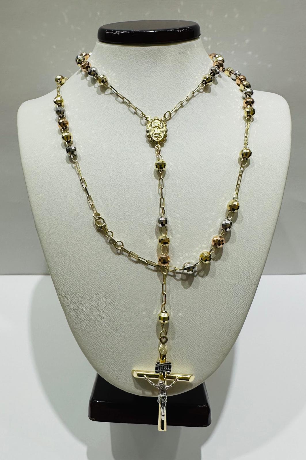 10K GOLD TRI COLOR CROSS ROSARY NECKLACE- WEIGHT:  15.0gm