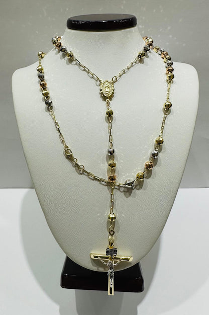 10K GOLD TRI COLOR CROSS ROSARY NECKLACE- WEIGHT:  15.0gm