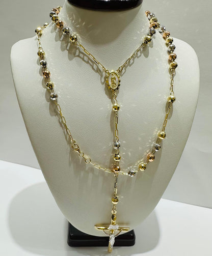10K GOLD TRI COLOR CROSS ROSARY NECKLACE- WEIGHT:  15.0gm