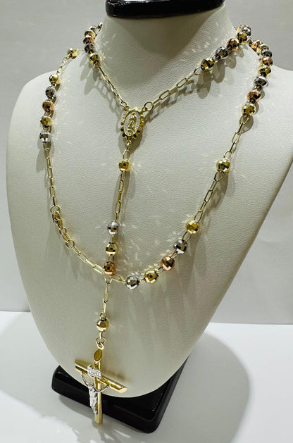 10K GOLD TRI COLOR CROSS ROSARY NECKLACE- WEIGHT:  15.0gm