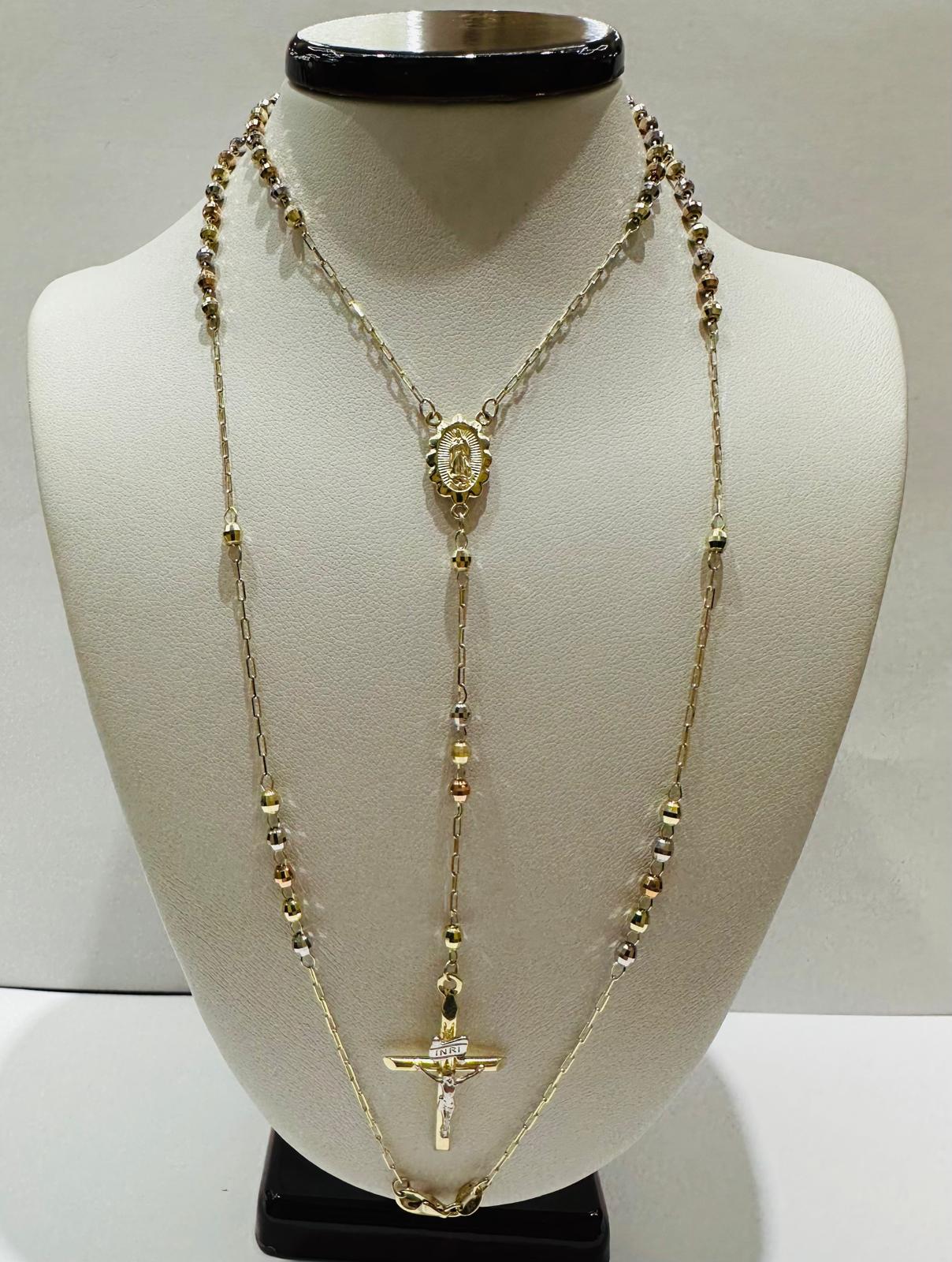 10K GOLD TRI COLOR CROSS ROSARY NECKLACE- WEIGHT:  6.4gm