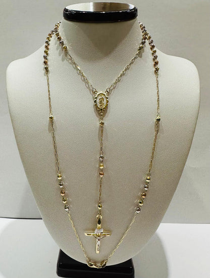 10K GOLD TRI COLOR CROSS ROSARY NECKLACE- WEIGHT:  6.4gm