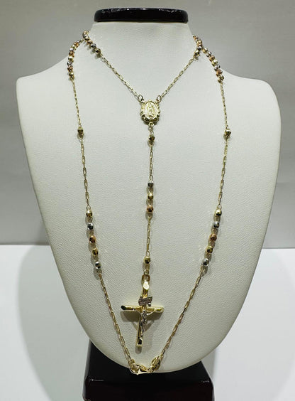 10K GOLD TRI COLOR CROSS ROSARY NECKLACE- WEIGHT:  6.4gm