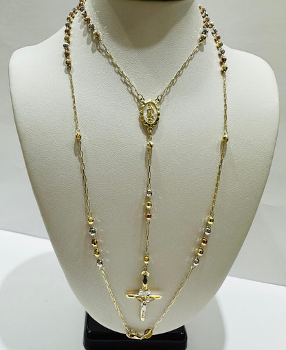 10K GOLD TRI COLOR CROSS ROSARY NECKLACE- WEIGHT:  6.4gm