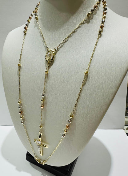 10K GOLD TRI COLOR CROSS ROSARY NECKLACE- WEIGHT:  6.4gm