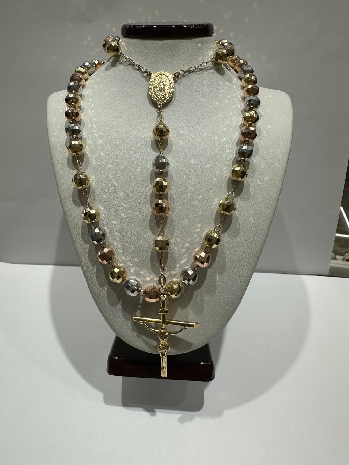 10K GOLD TRI COLOR CROSS ROSARY NECKLACE- WEIGHT:  39.9gm