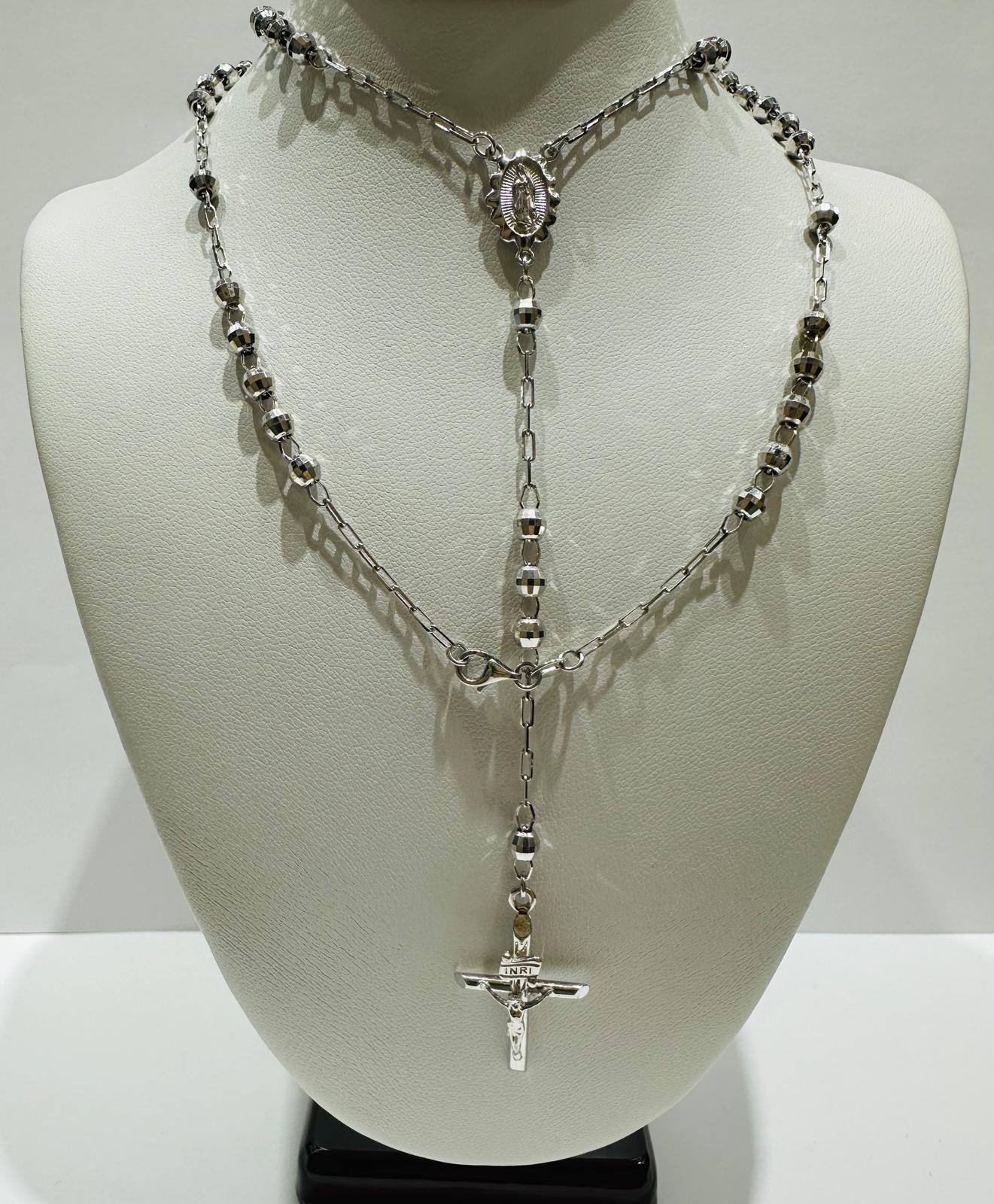 10K WHITE GOLD CROSS ROSARY NECKLACE- WEIGHT:  9.5gm