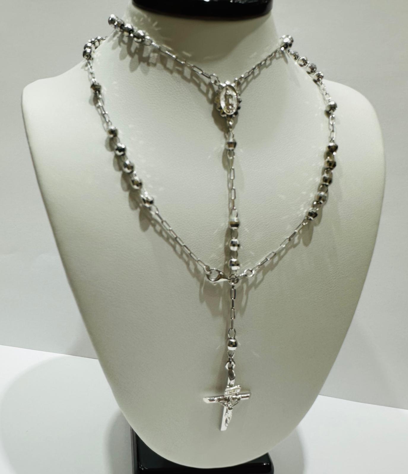 10K WHITE GOLD CROSS ROSARY NECKLACE- WEIGHT:  9.5gm