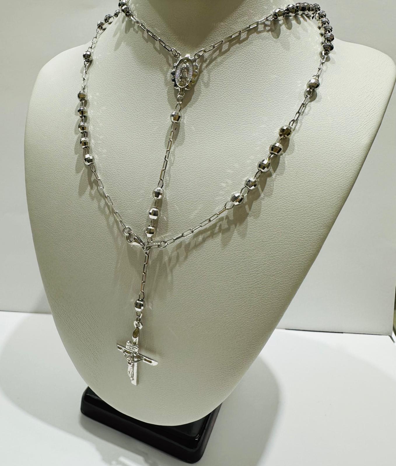 10K WHITE GOLD CROSS ROSARY NECKLACE- WEIGHT:  9.5gm