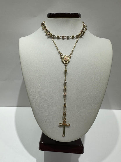 10K GOLD TRI COLOR CROSS ROSARY NECKLACE- WEIGHT:  5.1gm
