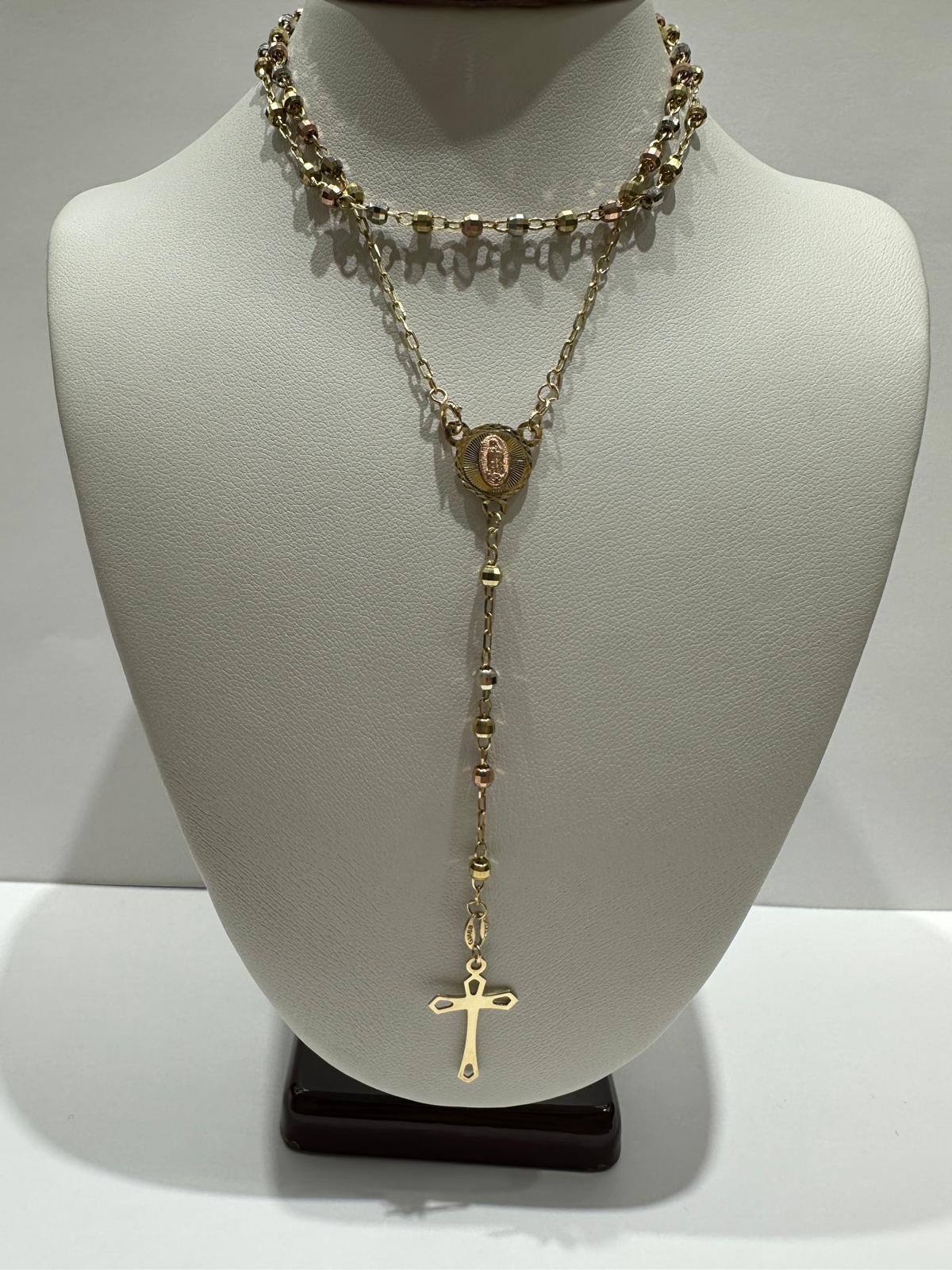 10K GOLD TRI COLOR CROSS ROSARY NECKLACE- WEIGHT:  5.1gm