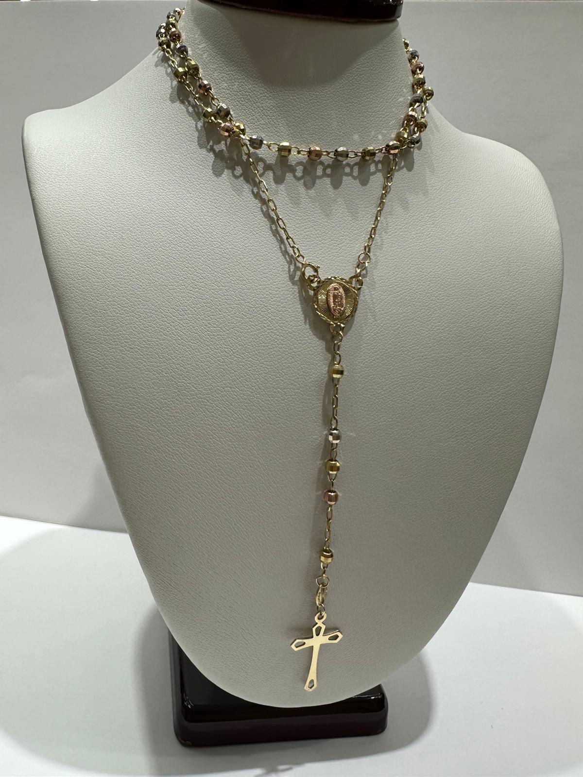 10K GOLD TRI COLOR CROSS ROSARY NECKLACE- WEIGHT:  5.1gm