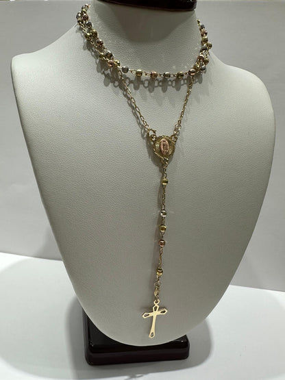 10K GOLD TRI COLOR CROSS ROSARY NECKLACE- WEIGHT:  5.1gm