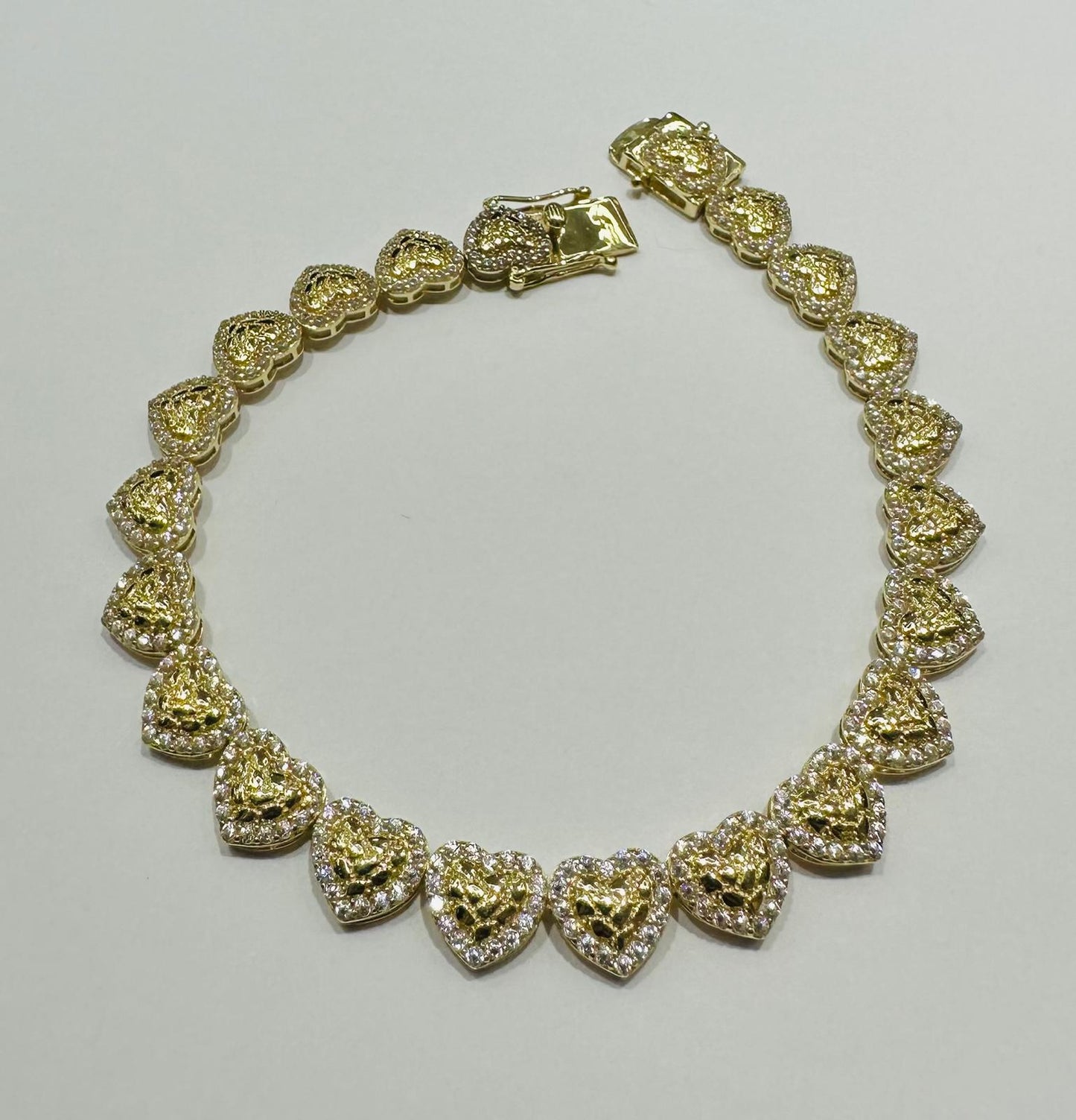 10K GOLD HEART NUGGET BRACELET WITH WHITE SAPPHIRE- WEIGHT: 10.6gm