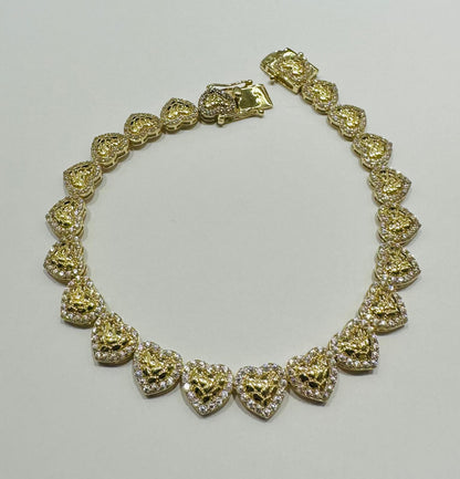 10K GOLD HEART NUGGET BRACELET WITH WHITE SAPPHIRE- WEIGHT: 10.6gm