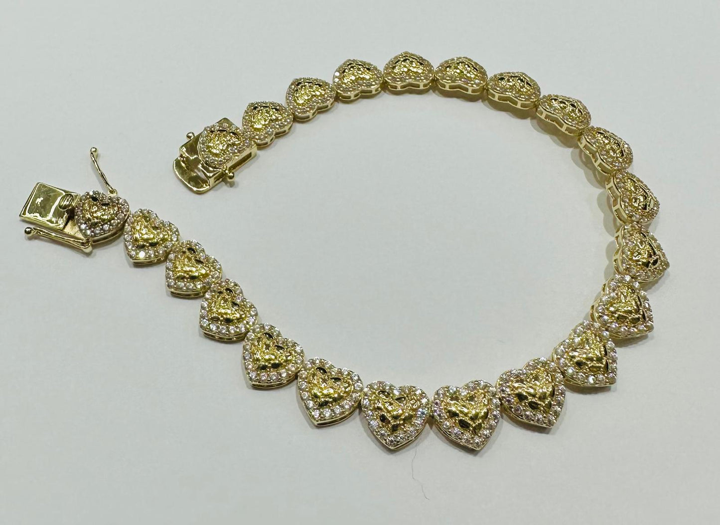 10K GOLD HEART NUGGET BRACELET WITH WHITE SAPPHIRE- WEIGHT: 10.6gm