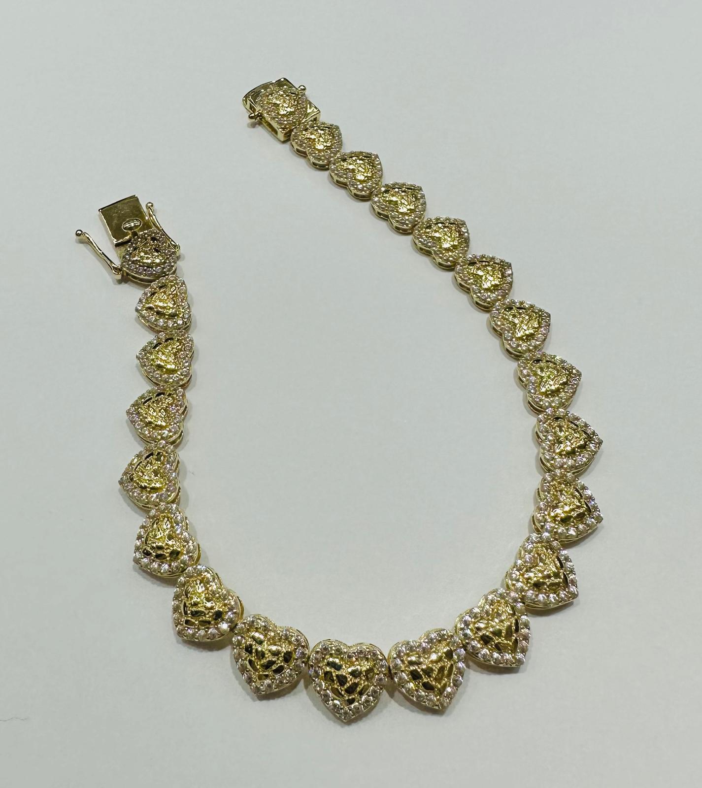 10K GOLD HEART NUGGET BRACELET WITH WHITE SAPPHIRE- WEIGHT: 10.6gm