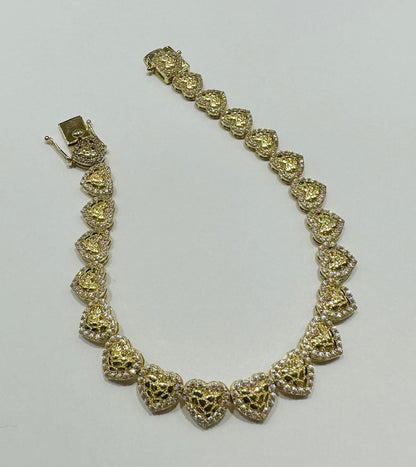10K GOLD HEART NUGGET BRACELET WITH WHITE SAPPHIRE- WEIGHT: 10.6gm