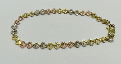 10K GOLD TRI COLOR HEART BRACELET- WEIGHT: 4.9gm   7.5"