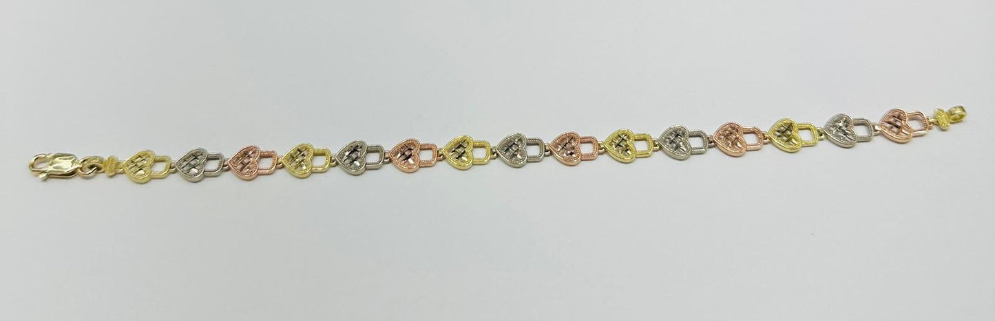 10K GOLD TRI COLOR HEART BRACELET- WEIGHT: 4.5gm   7.5"