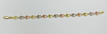 10K GOLD TRI COLOR HEART BRACELET- WEIGHT: 4.5gm   7.5"