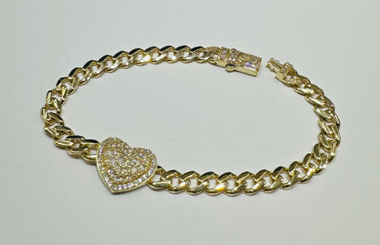 10K GOLD HEART CUBAN LINK BRACELET WITH CZ STONE- WEIGHT: 7.8gm   8"