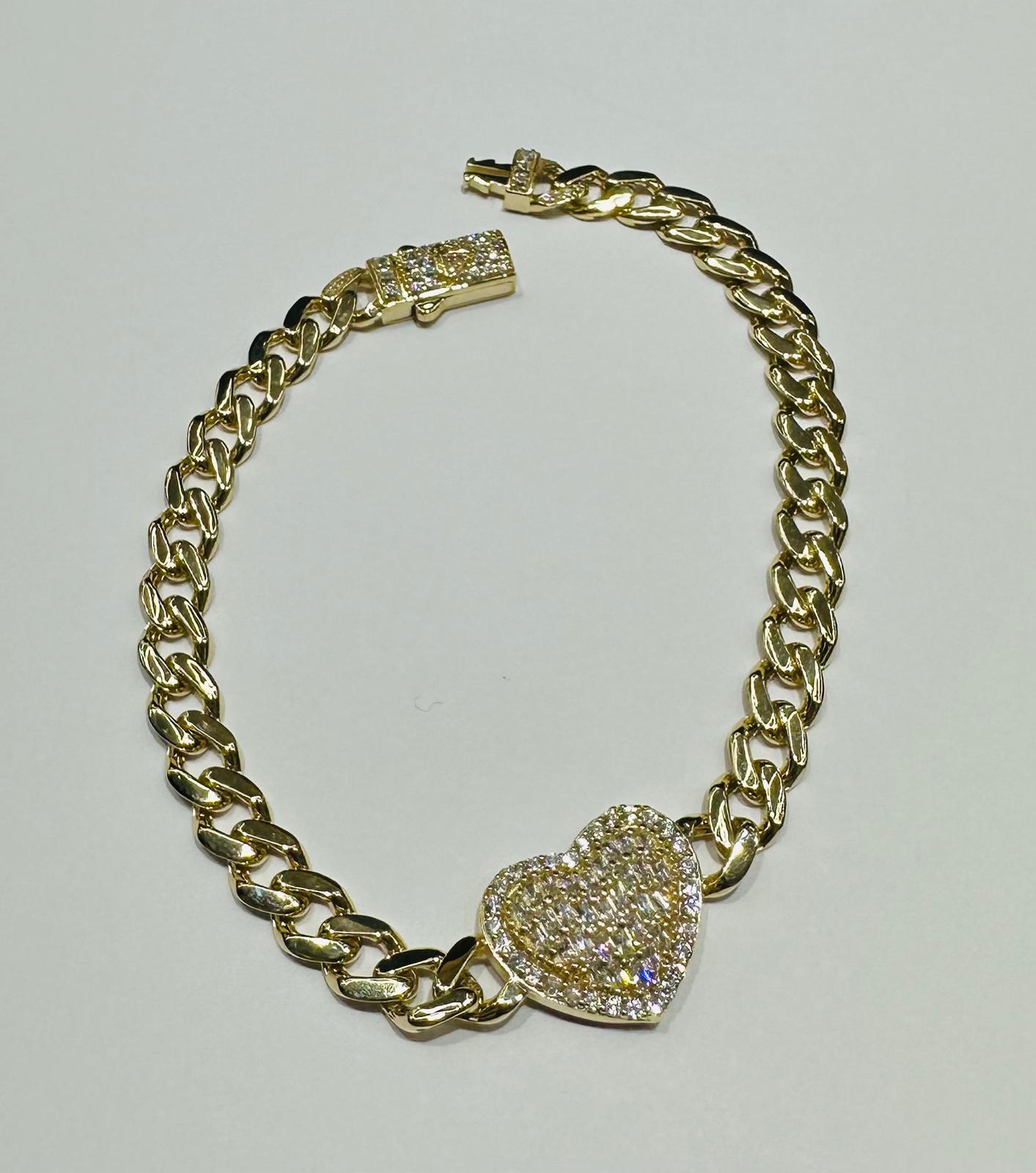 10K GOLD HEART CUBAN LINK BRACELET WITH CZ STONE- WEIGHT: 7.8gm   8"
