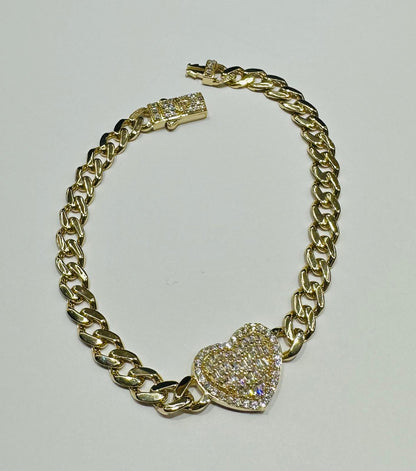 10K GOLD HEART CUBAN LINK BRACELET WITH CZ STONE- WEIGHT: 7.8gm   8"