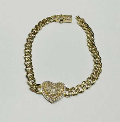 10K GOLD HEART CUBAN LINK BRACELET WITH CZ STONE- WEIGHT: 7.8gm   8"
