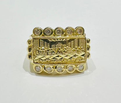 10K GOLD LAST SUPPER RING WITH CZ STONES- WEIGHT: 8.2gm
