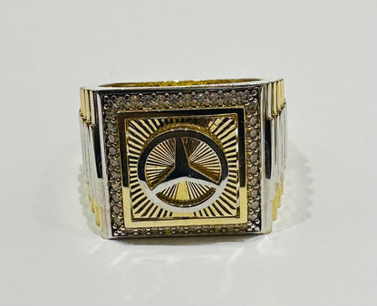 10K GOLD TWO TONED MERCEDES LOGO RING WITH CZ STONES- WEIGHT: 8.5gm