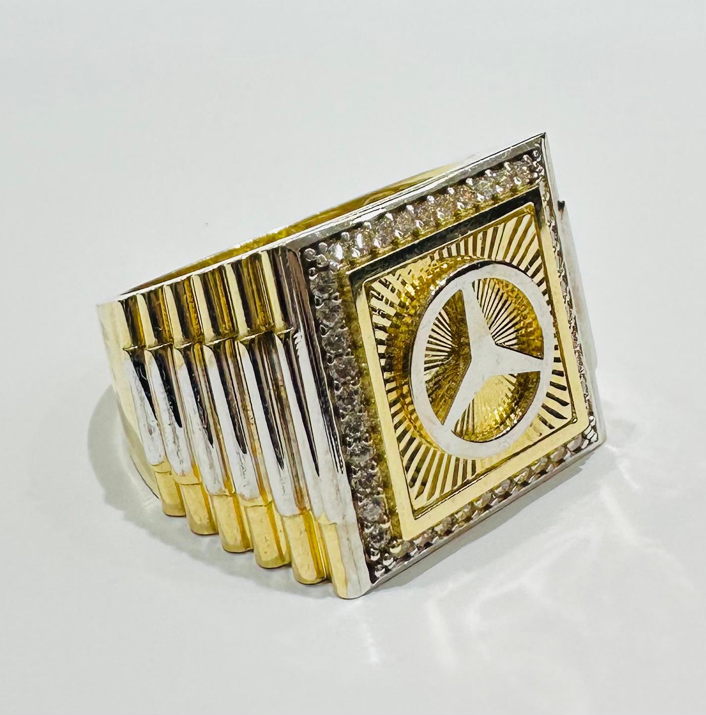 10K GOLD TWO TONED MERCEDES LOGO RING WITH CZ STONES- WEIGHT: 8.5gm