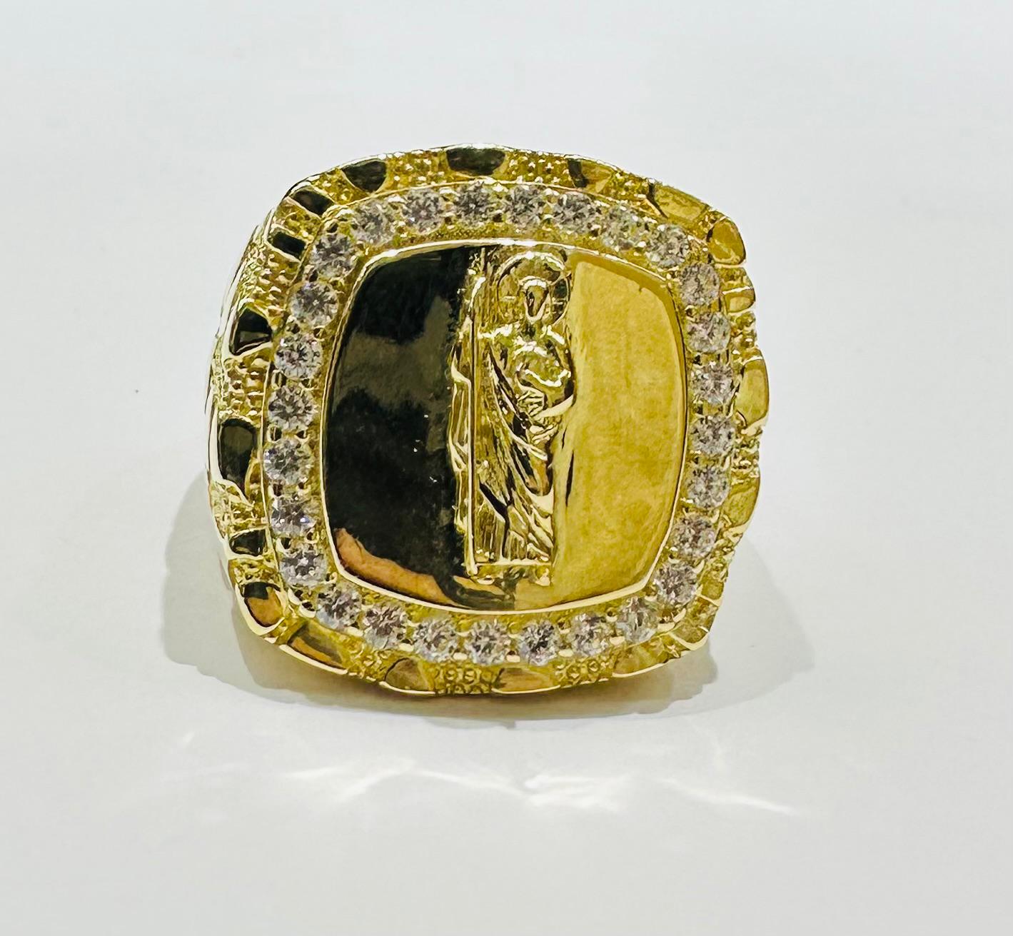 10K GOLD SAINT JUDE NUGGET RING WITH CZ STONES- WEIGHT: 12.9gm