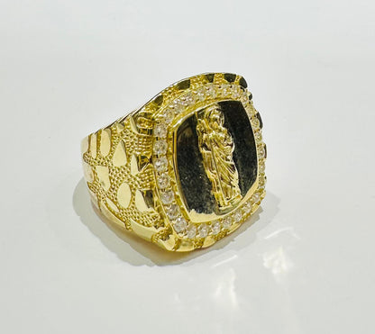 10K GOLD SAINT JUDE NUGGET RING WITH CZ STONES- WEIGHT: 12.9gm