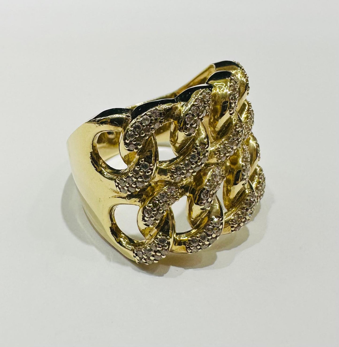 10K GOLD CUBAN LINK RING WITH CZ STONES- WEIGHT: 10.3gm
