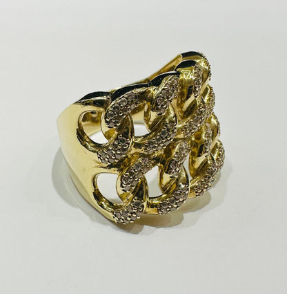 10K GOLD CUBAN LINK RING WITH CZ STONES- WEIGHT: 10.3gm