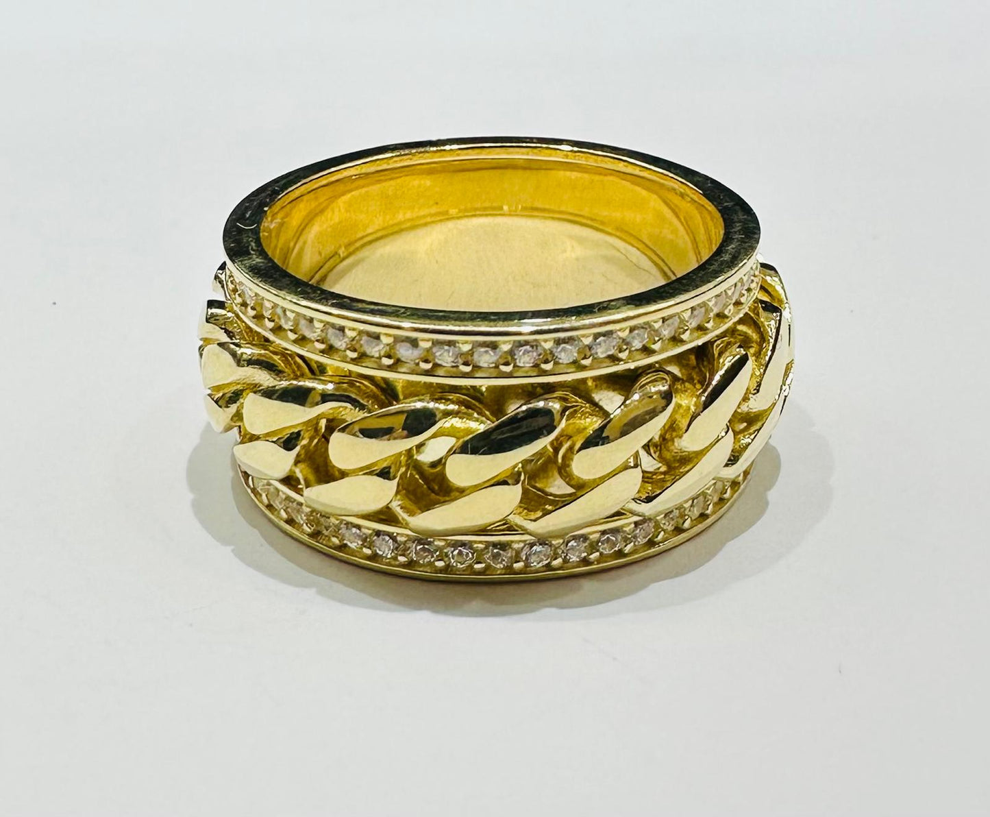 10K GOLD SPINNING CUBAN LINK RING WITH CZ STONES- WEIGHT: 12.3gm