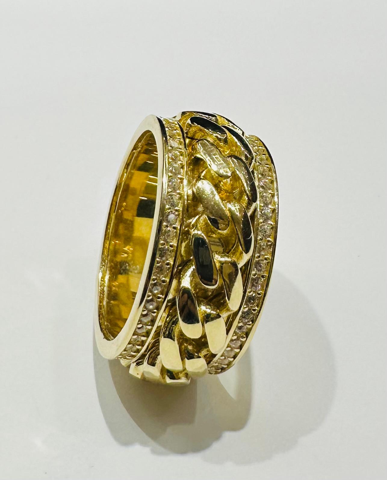 10K GOLD SPINNING CUBAN LINK RING WITH CZ STONES- WEIGHT: 12.3gm