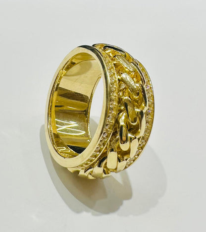 10K GOLD SPINNING CUBAN LINK RING WITH CZ STONES- WEIGHT: 12.3gm