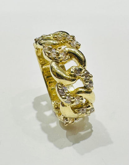 10K GOLD CUBAN LINK RING WITH CZ STONES - WEIGHT: 7.1gm