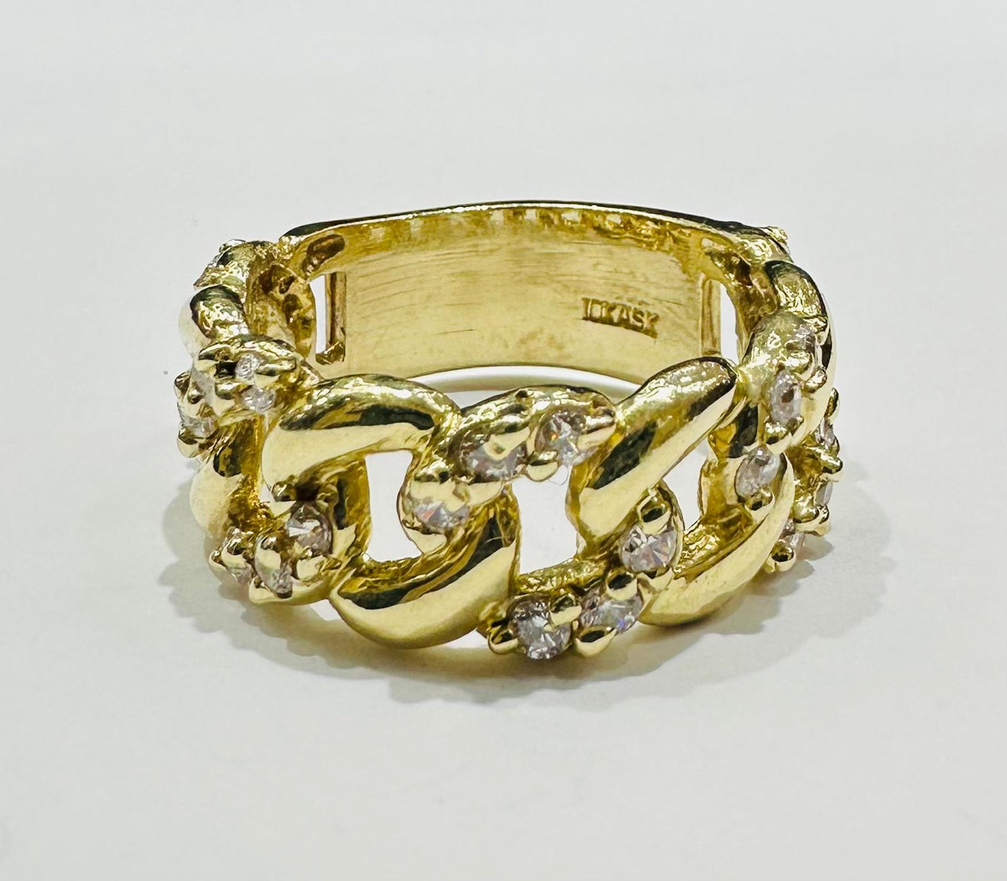 10K GOLD CUBAN LINK RING WITH CZ STONES - WEIGHT: 7.1gm