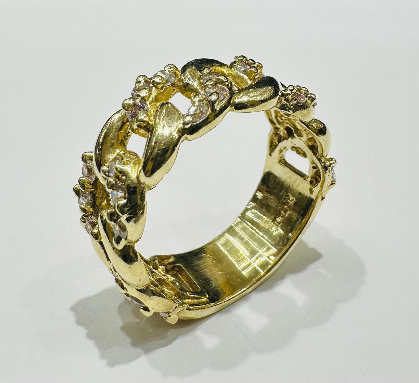 10K GOLD CUBAN LINK RING WITH CZ STONES - WEIGHT: 7.1gm